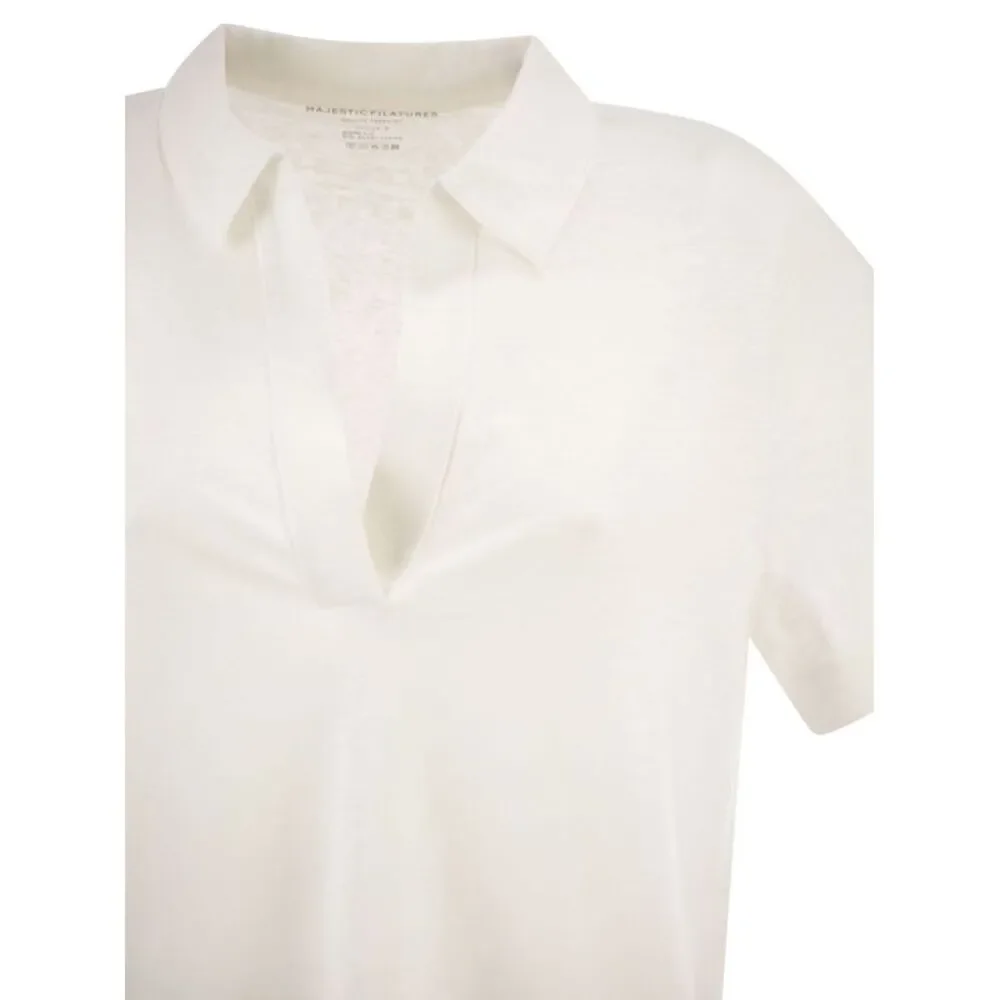 Majestic Women Cropped Linen Stretch Polo With V-Neck - Picture 4 of 4